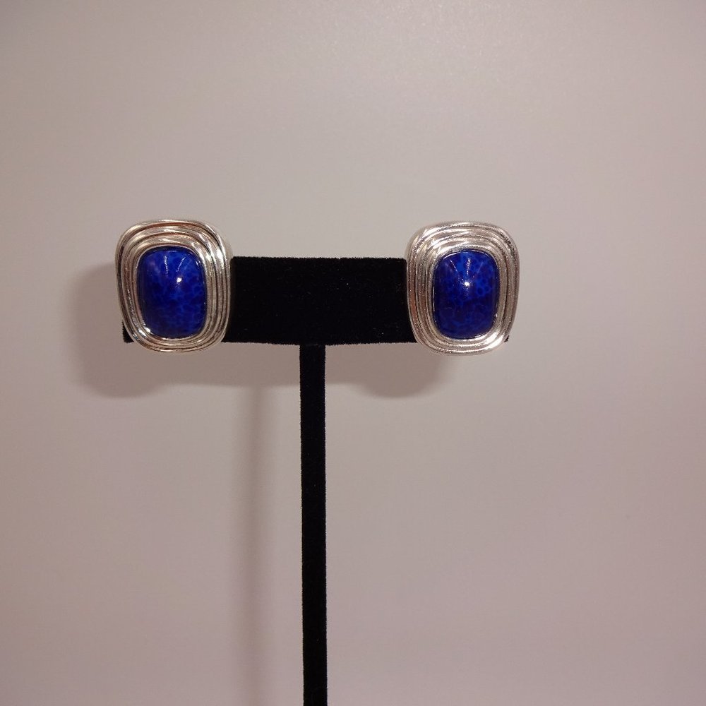 Vintage Christian Dior Silver Tone & Blue Clip On Earrings Marked